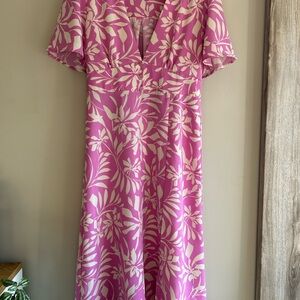 Monteau Pink and White Leaf Print Midi Dress